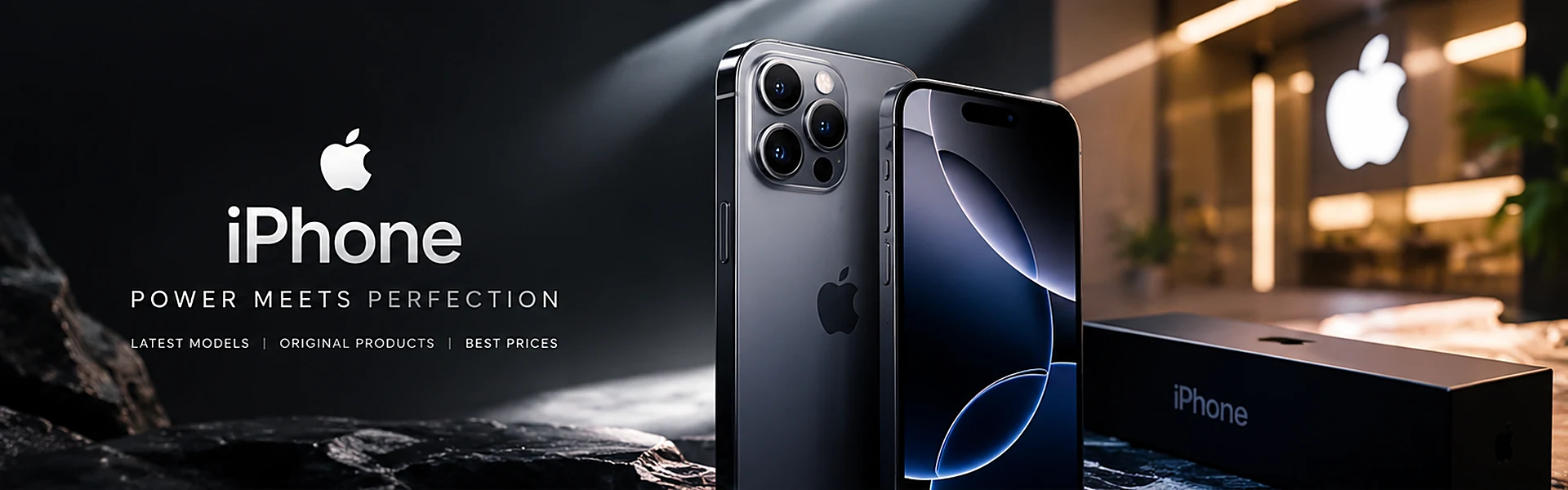 Premium iPhone collection displayed on dark stone with dramatic lighting